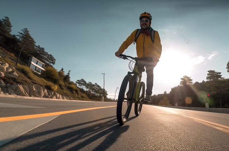 白天男性在沥青公路马路上骑山地车自行车倒影影子摄影背景,高清,摄影图,摄影图片,图片大全,摄影图免费下载